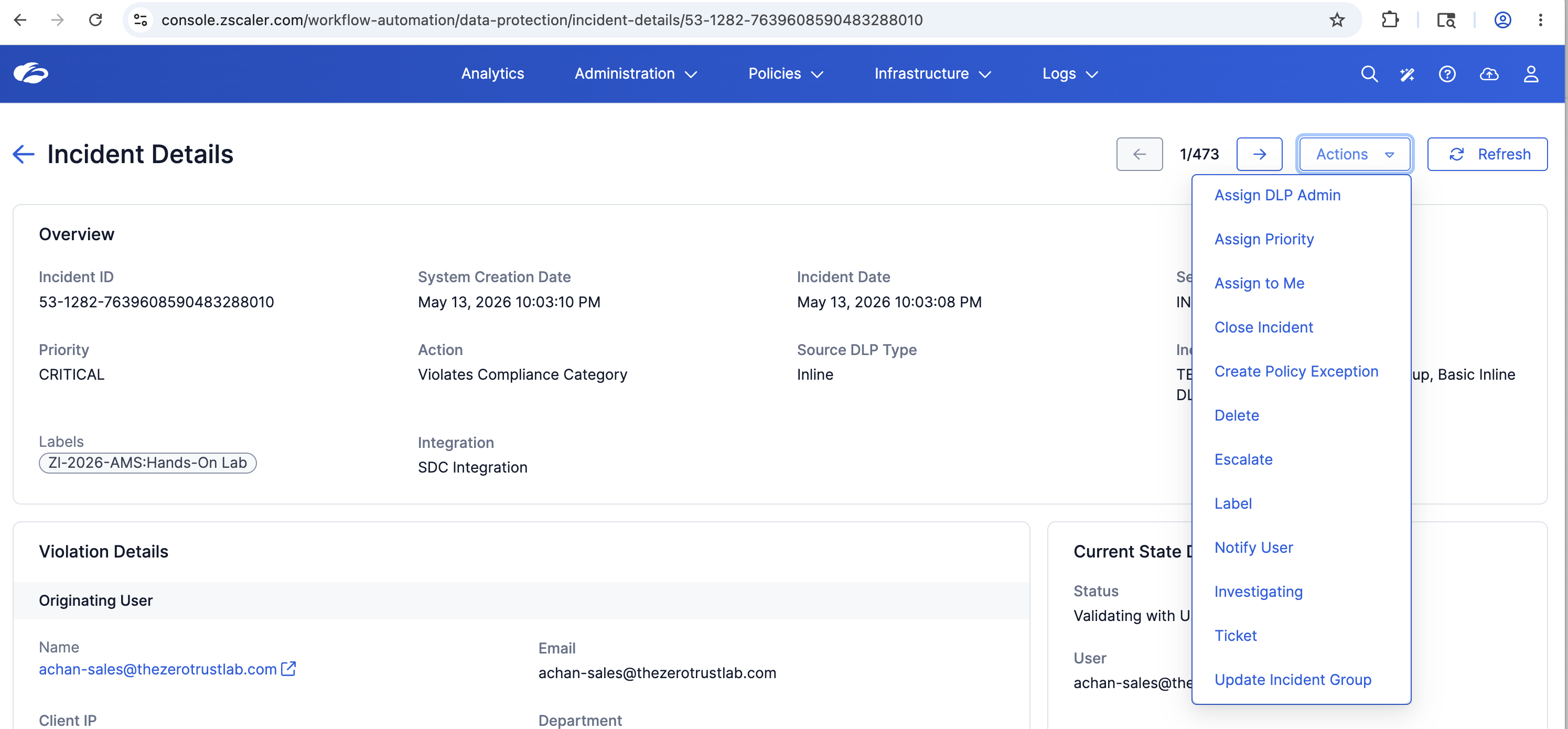 Incident Actions Drop-Down