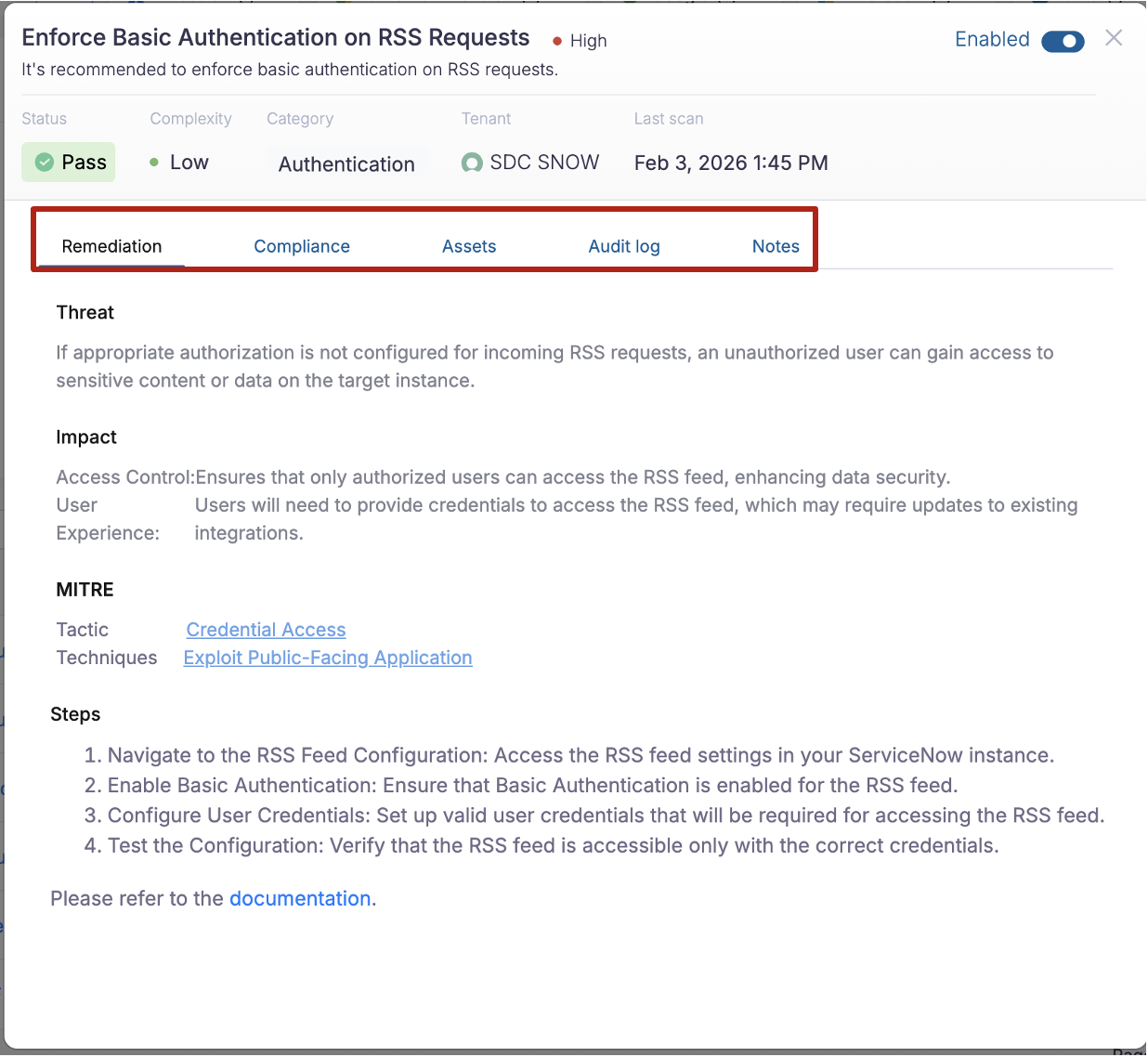 Step 2 – Control detail: Remediation, Compliance, Assets, Audit log, and Notes tabs