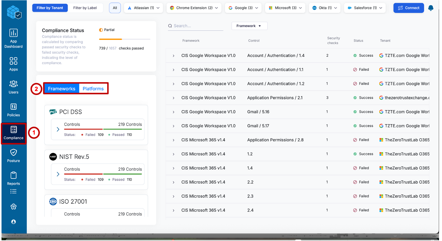 Step 4 – Compliance view: Frameworks and Platforms tabs, control-to-framework mapping table