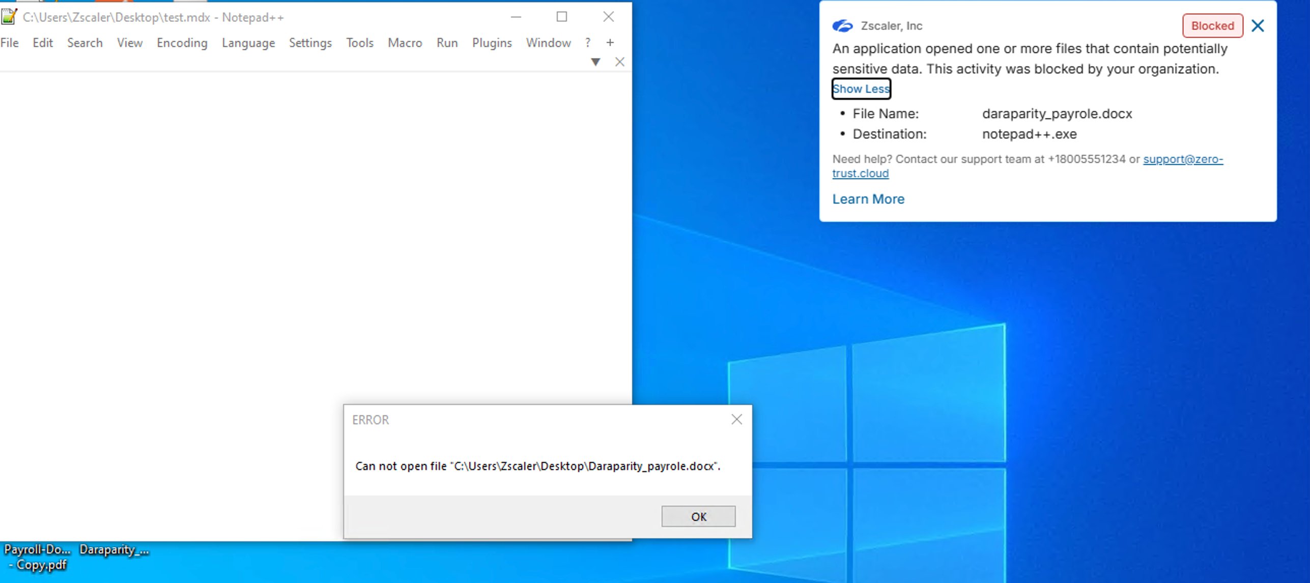 Zscaler AFA block notification and Notepad++ cannot open file error