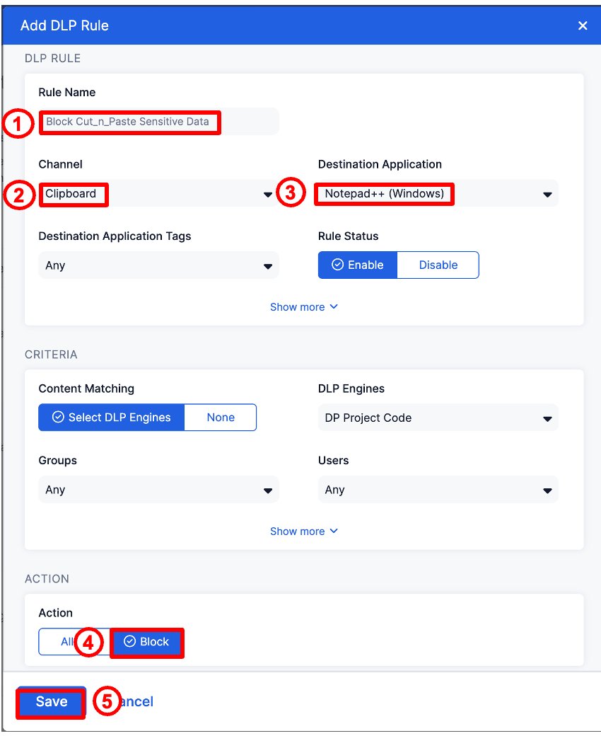 Clipboard DLP Rule configuration