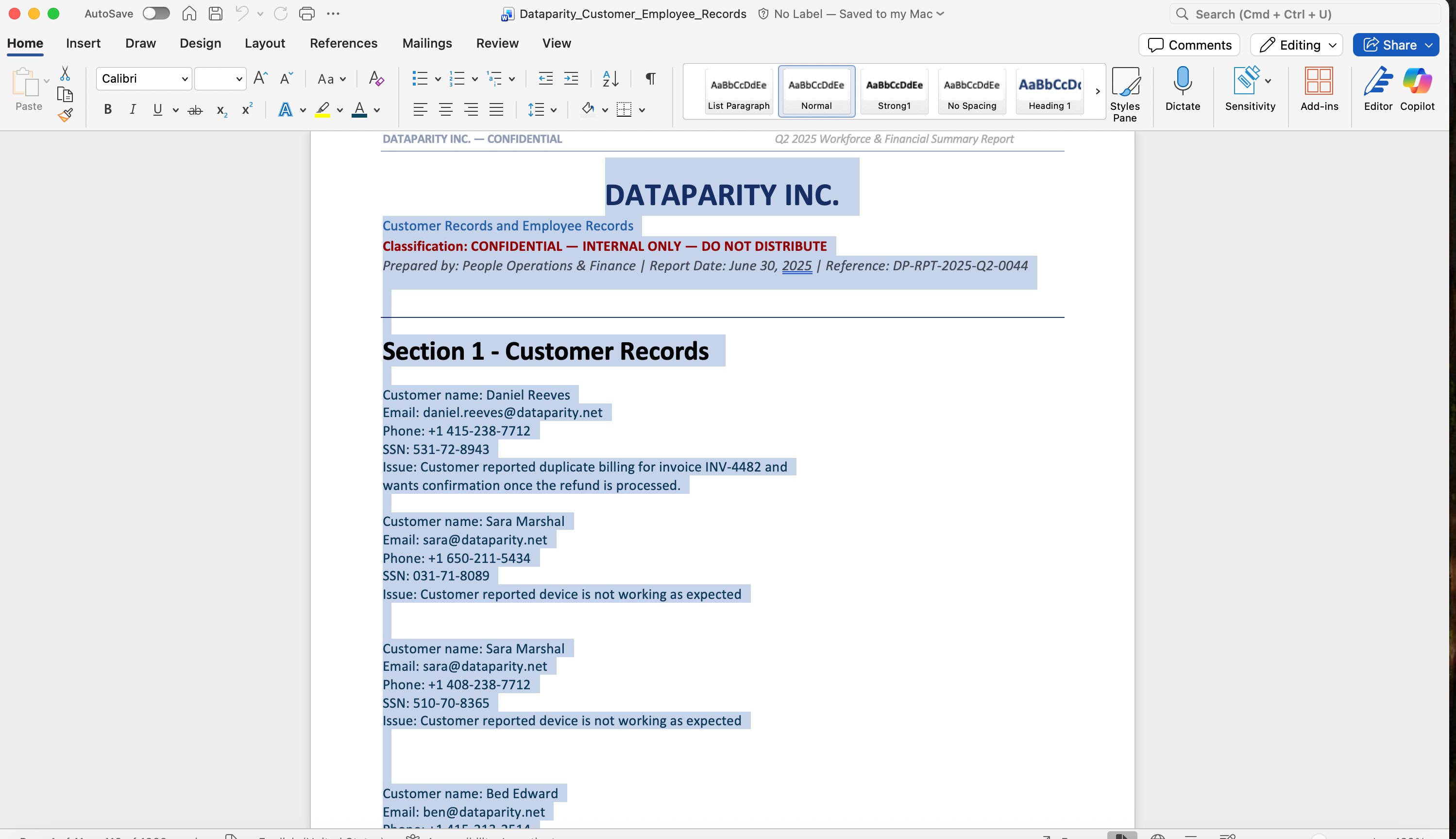 Kevin selects sensitive content in the Word document