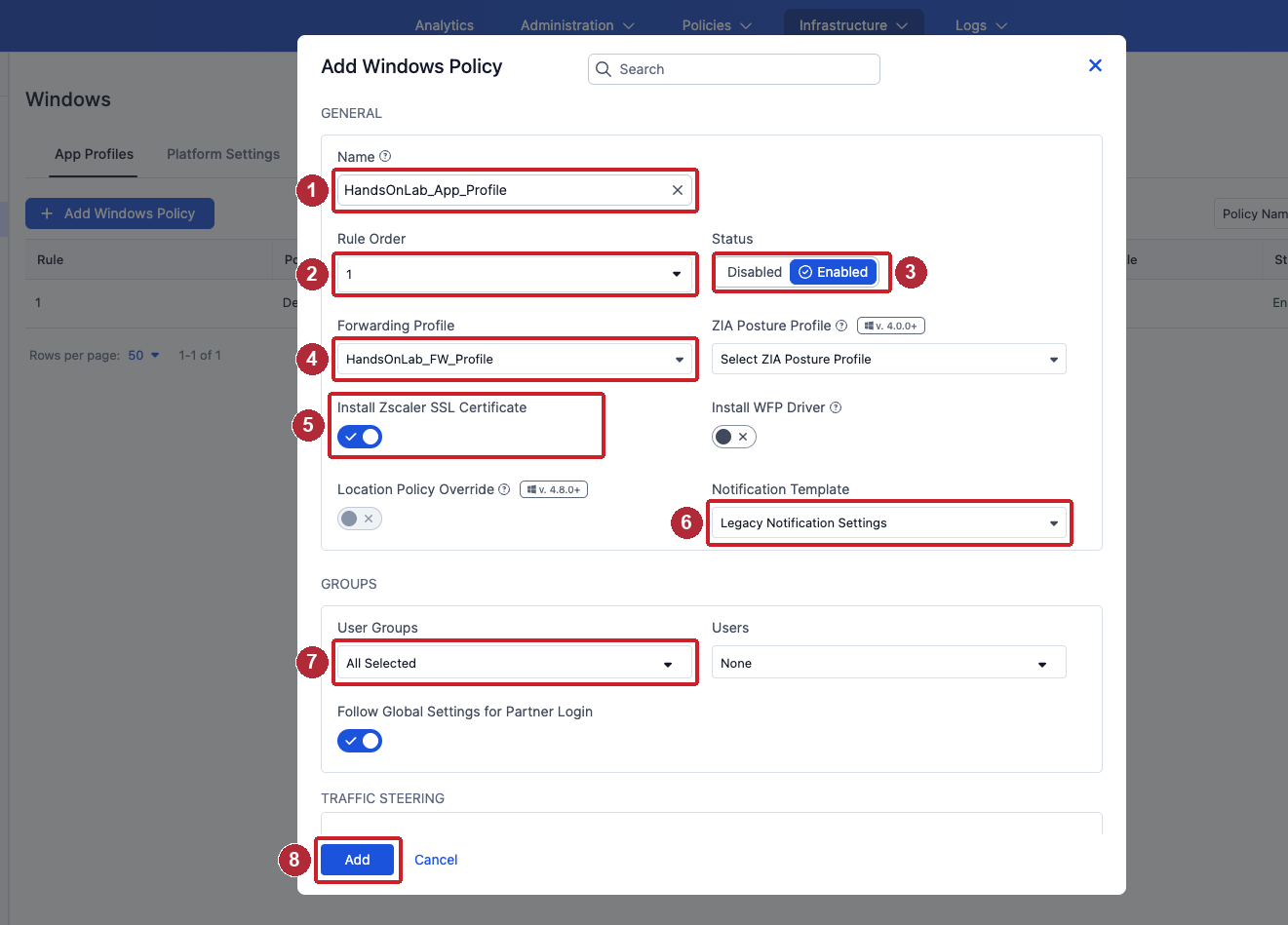 Add Windows Policy — name, rule order, status, forwarding profile, SSL certificate, notification template, and user groups
