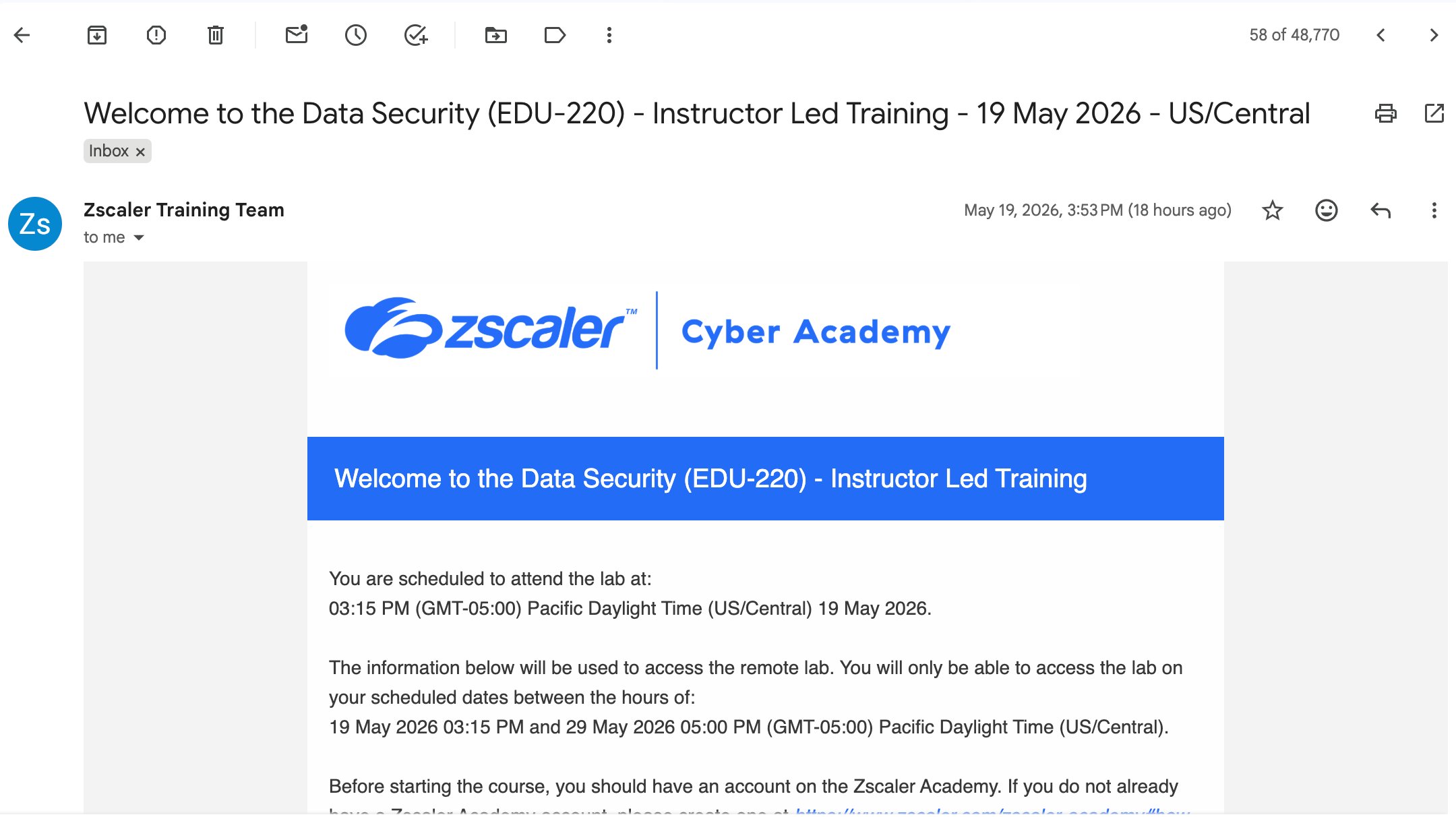 Zscaler Training Team welcome email with lab access details