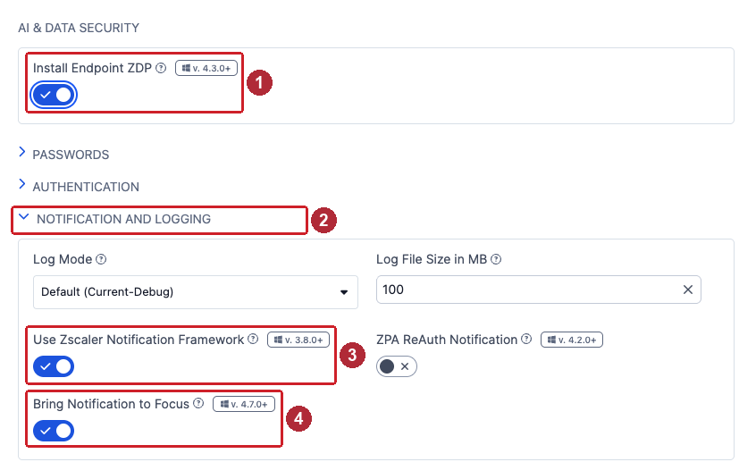 AI &amp; Data Security — Install Endpoint ZDP toggle, and Notification and Logging settings