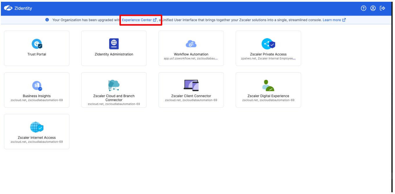 ZIdentity app launcher — click Experience Center in the top banner