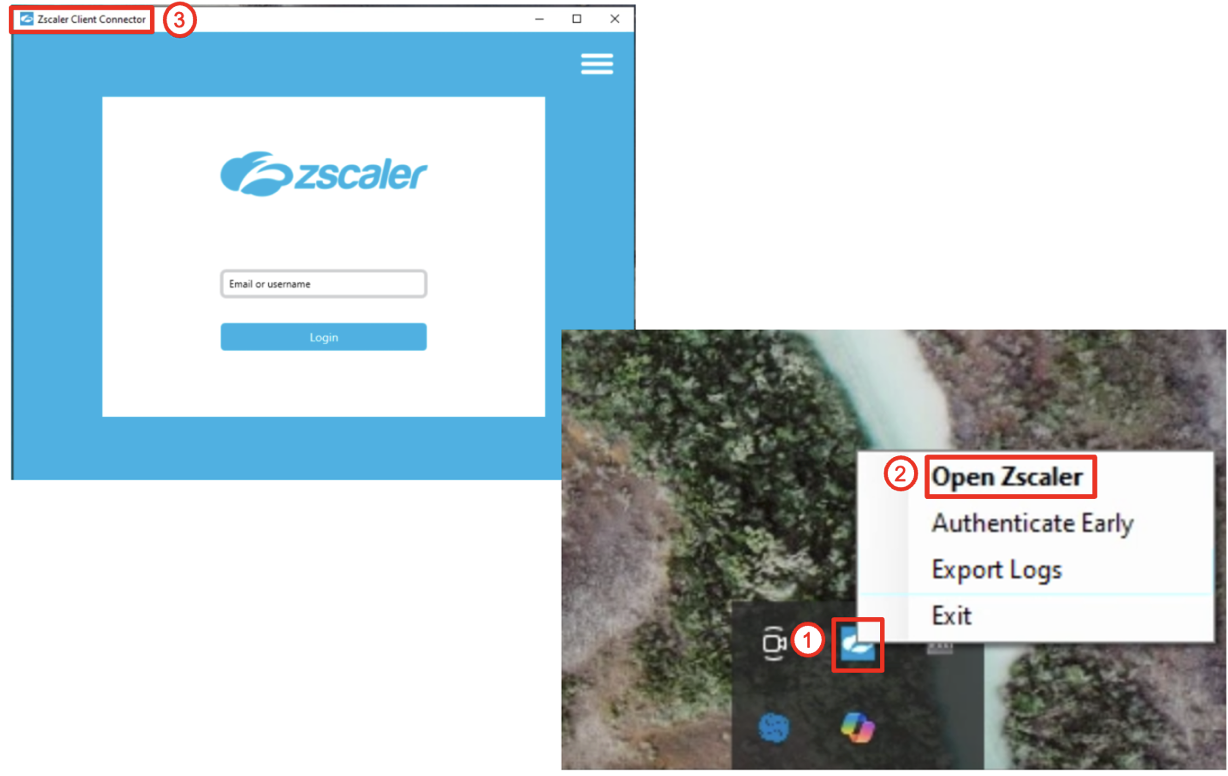 ZCC system tray icon, right-click menu, and login screen
