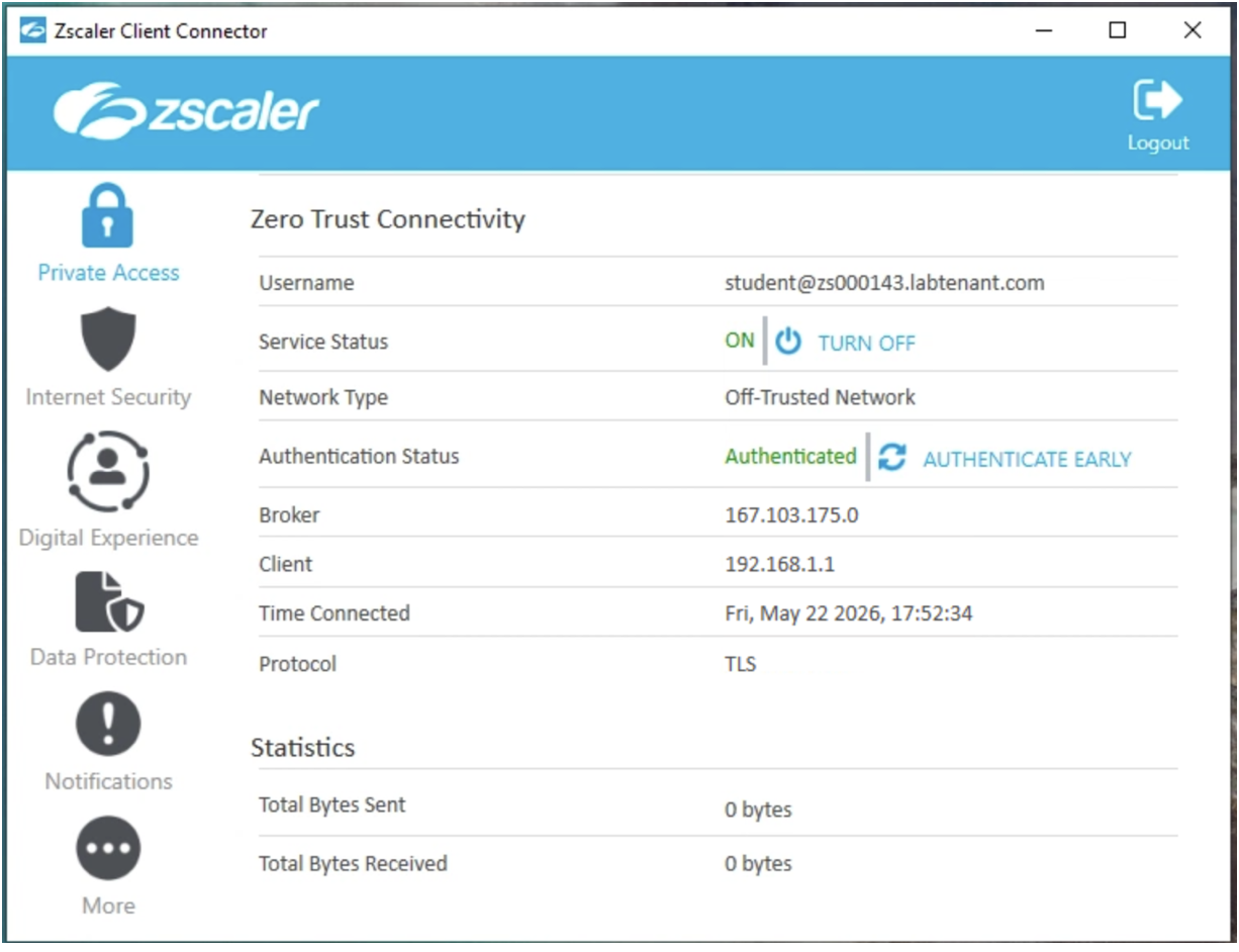 ZCC dashboard showing all modules active and authentication status Authenticated