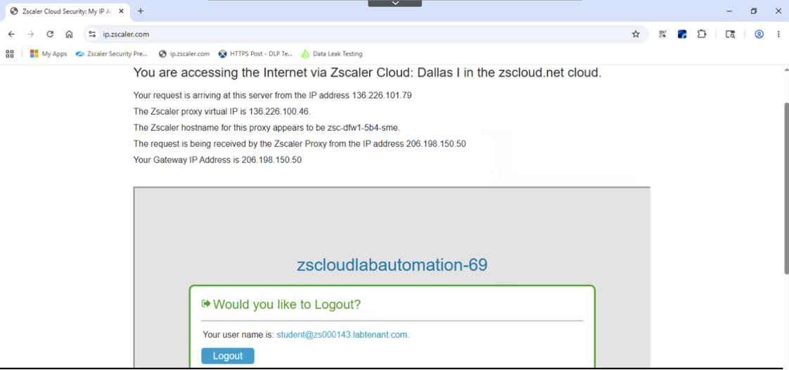 ip.zscaler.com confirming traffic is tunneled through Zscaler Cloud