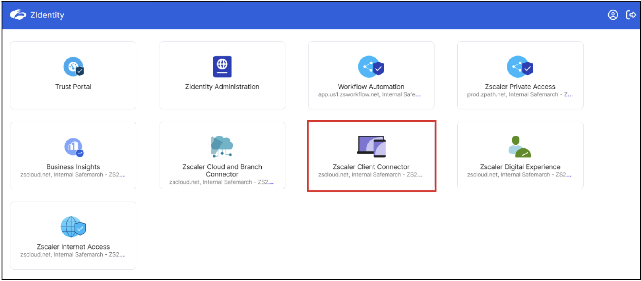 ZIdentity landing page — select Zscaler Client Connector tile