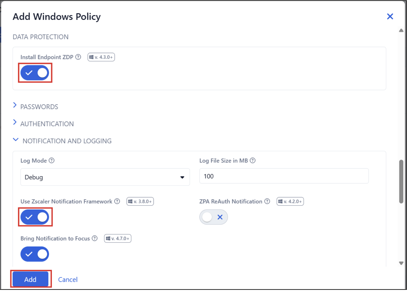 Add DLP Module — Data Protection and notification settings