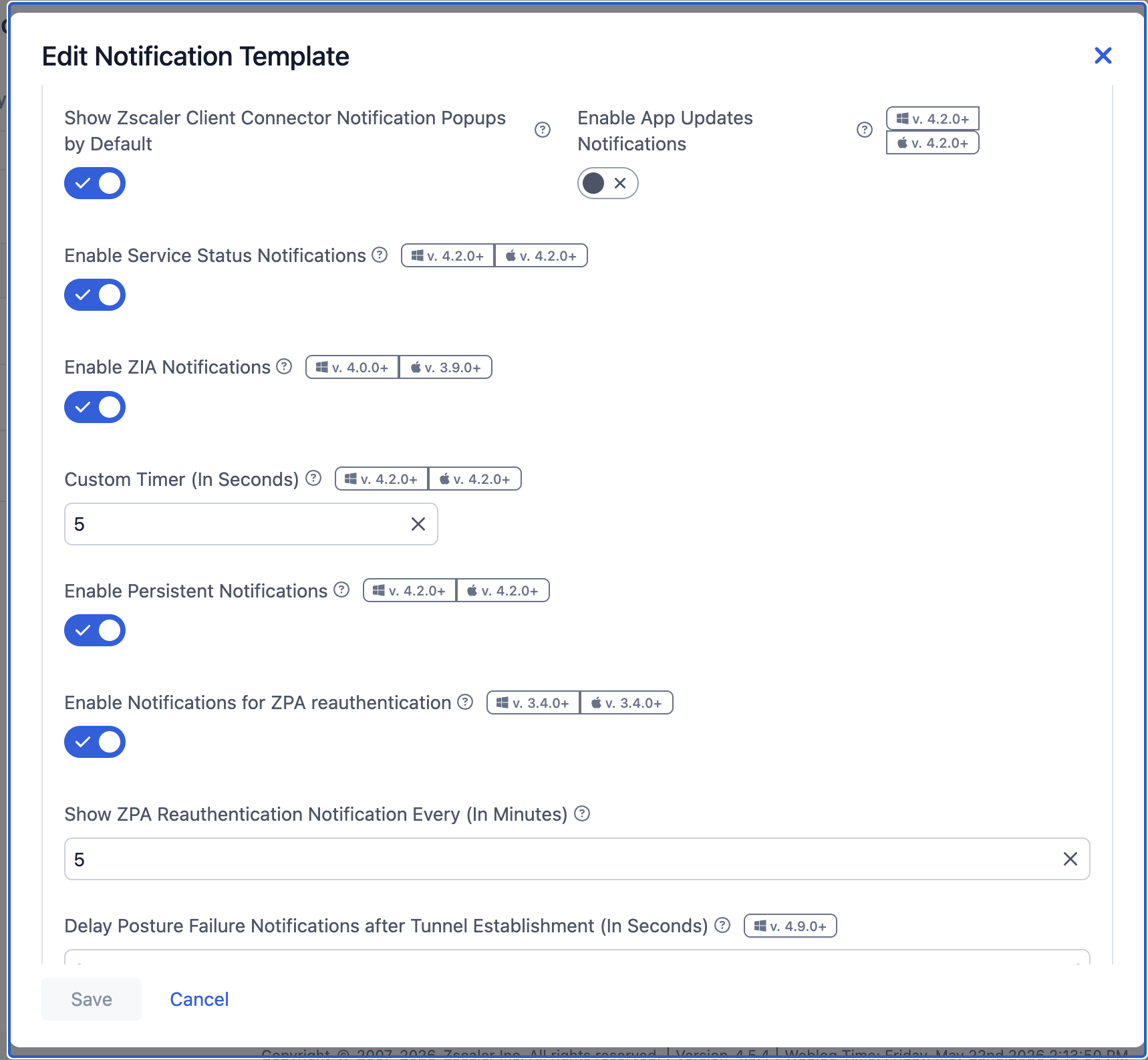 Edit Notification Template — all notification toggles enabled with 5-second custom timer