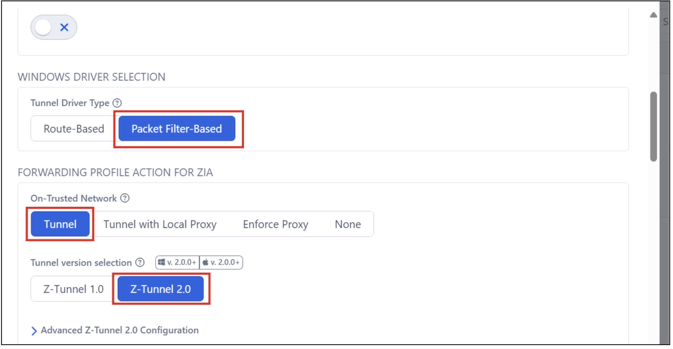 ZIA forwarding profile — Tunnel and Z-Tunnel 2.0 selection