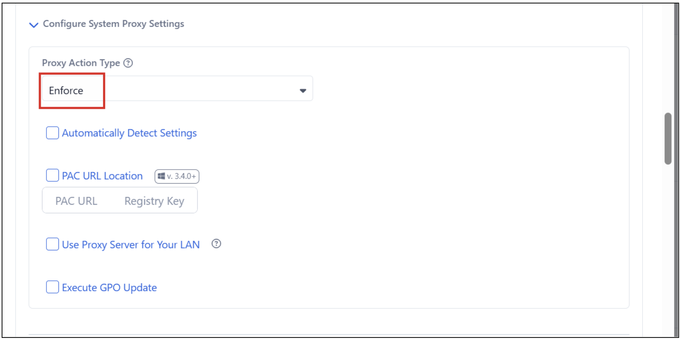 Configure System Proxy Settings — Enforce selected, all options unchecked