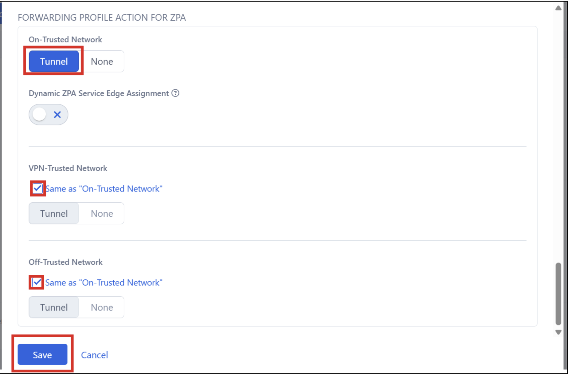 ZPA forwarding profile action settings