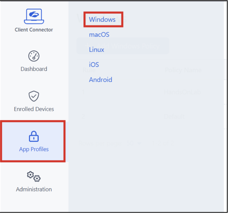 Navigate to App Profiles — Windows