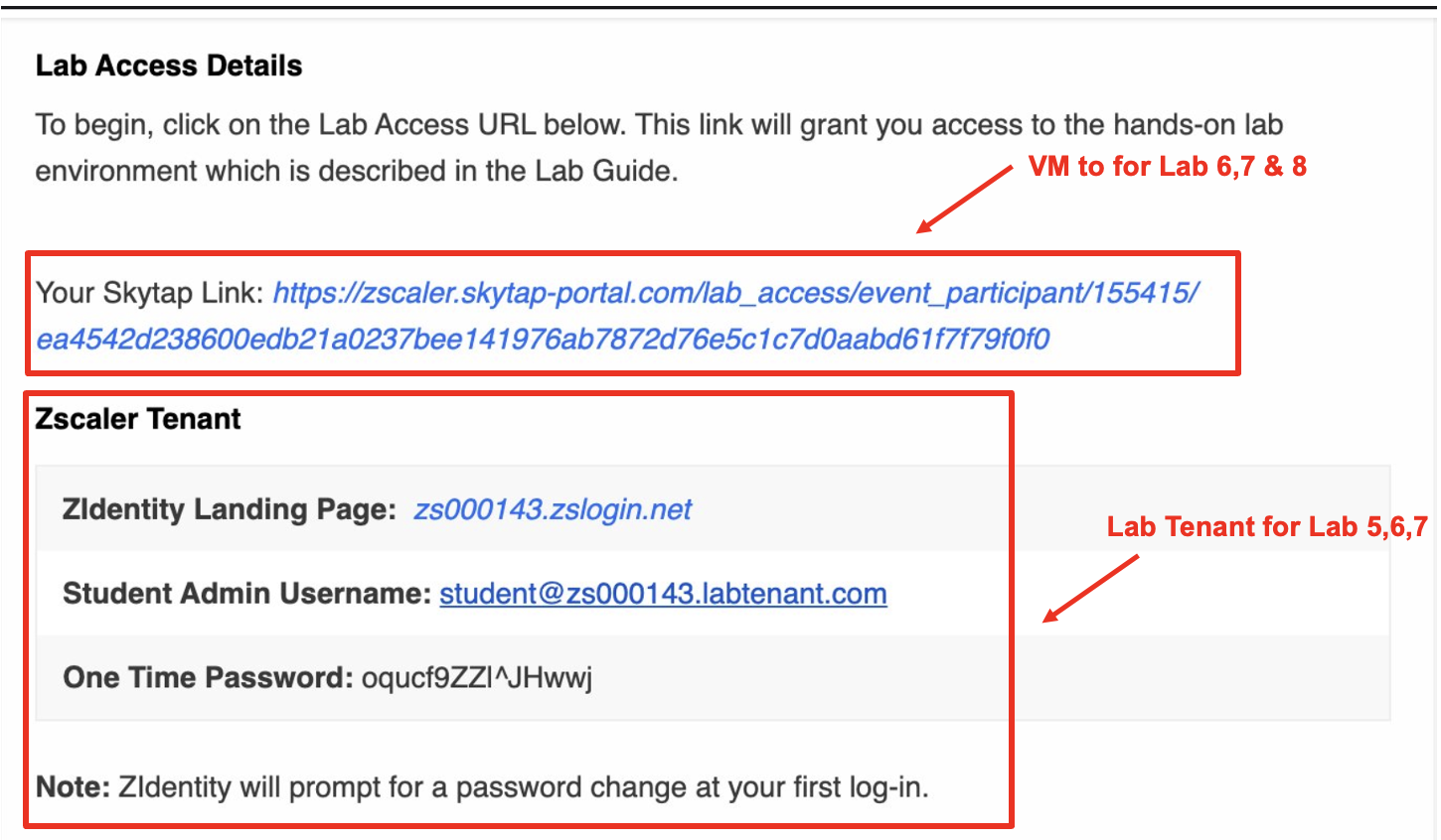 Lab access details from email — Skytap URL and ZIdentity credentials