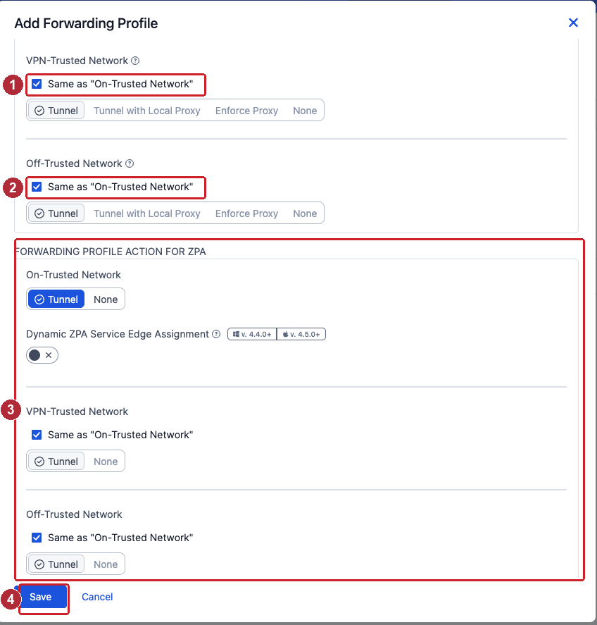 ZIA VPN and Off-Trusted checkboxes, ZPA forwarding profile section, and Save